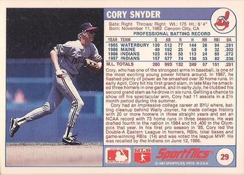 1988 Sportflics #29 Cory Snyder Back