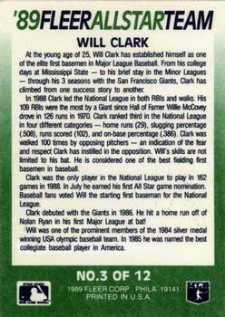 1989 Fleer - '89 Fleer All-Star Team #3 Will Clark Back