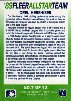 1989 Fleer - '89 Fleer All-Star Team #7 Orel Hershiser Back