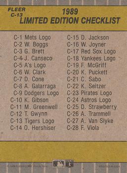 1989 Fleer - Cello / Wax Box Bottom Singles #C-13 Detroit Tigers Logo Back