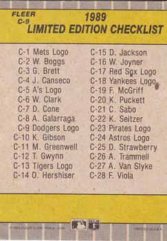 1989 Fleer - Cello / Wax Box Bottom Singles #C-9 Los Angeles Dodgers Logo Back