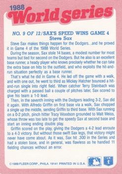1989 Fleer - World Series #9 Sax's Speed Wins Game 4 Back