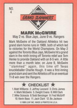 1990 Donruss - Grand Slammers #4 Mark McGwire Back