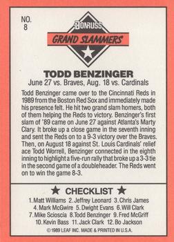 1990 Donruss - Grand Slammers #8 Todd Benzinger Back