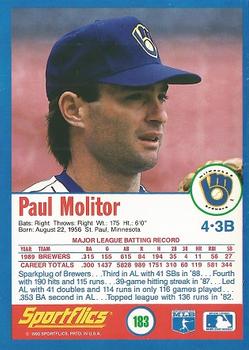 1990 Sportflics #183 Paul Molitor Back