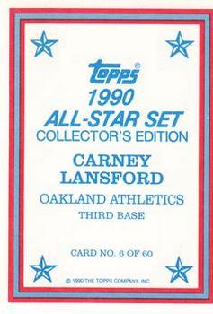 1990 Topps - 1990 All-Star Set Collector's Edition (Glossy Send-Ins) #6 Carney Lansford Back