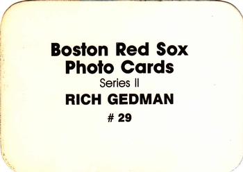 1986 Boston Red Sox Photo Cards (unlicensed) #29 Rich Gedman Back