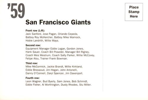 1992 AT&T San Francisco Giants Postcards #NNO 1959 Team Photo Back