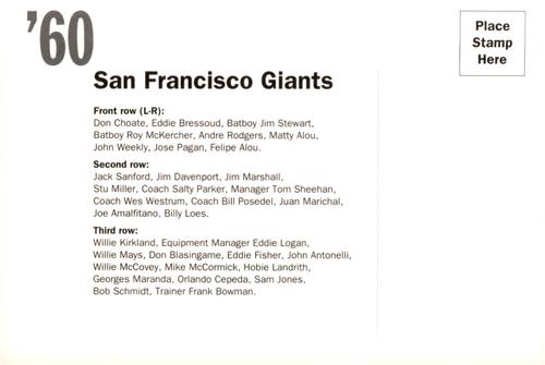 1992 AT&T San Francisco Giants Postcards #NNO 1960 Team Photo Back