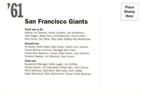 1992 AT&T San Francisco Giants Postcards #NNO 1961 Team Photo Back