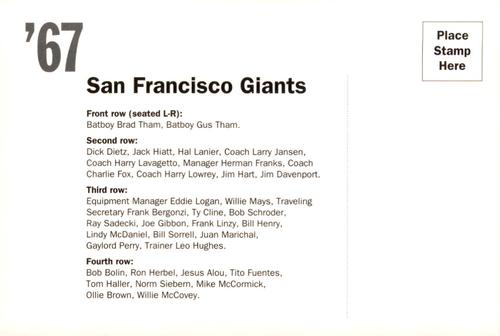 1992 AT&T San Francisco Giants Postcards #NNO 1967 Team Photo Back
