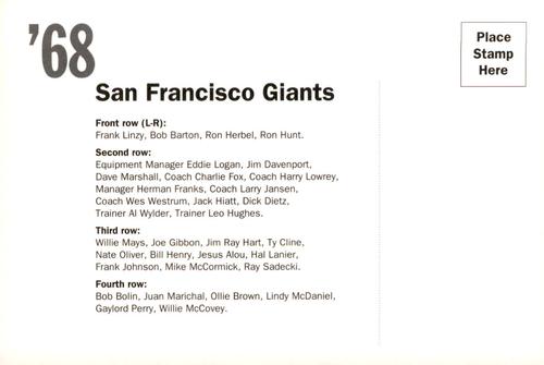 1992 AT&T San Francisco Giants Postcards #NNO 1968 Team Photo Back