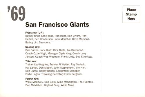1992 AT&T San Francisco Giants Postcards #NNO 1969 Team Photo Back