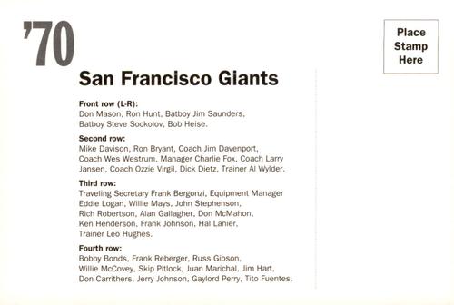1992 AT&T San Francisco Giants Postcards #NNO 1970 Team Photo Back