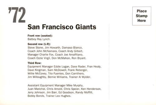 1992 AT&T San Francisco Giants Postcards #NNO 1972 Team Photo Back