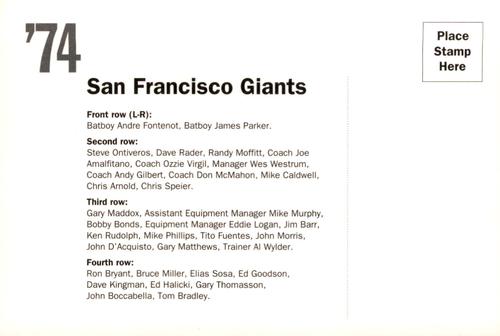 1992 AT&T San Francisco Giants Postcards #NNO 1974 Team Photo Back