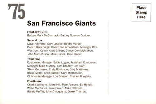 1992 AT&T San Francisco Giants Postcards #NNO 1975 Team Photo Back