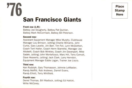 1992 AT&T San Francisco Giants Postcards #NNO 1976 Team Photo Back