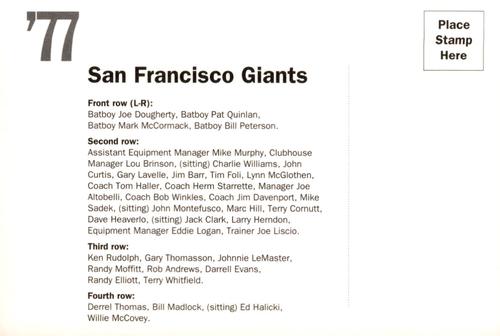 1992 AT&T San Francisco Giants Postcards #NNO 1977 Team Photo Back