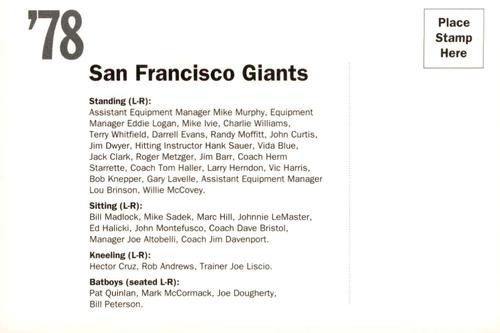 1992 AT&T San Francisco Giants Postcards #NNO 1978 Team Photo Back