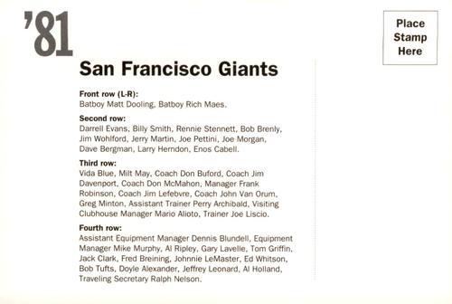 1992 AT&T San Francisco Giants Postcards #NNO 1981 Team Photo Back