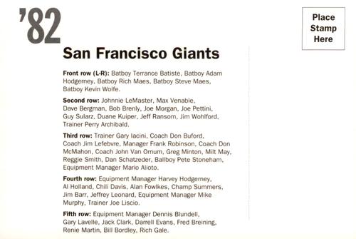 1992 AT&T San Francisco Giants Postcards #NNO 1982 Team Photo Back
