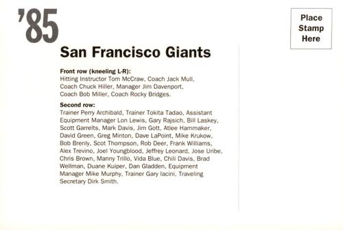 1992 AT&T San Francisco Giants Postcards #NNO 1985 Team Photo Back