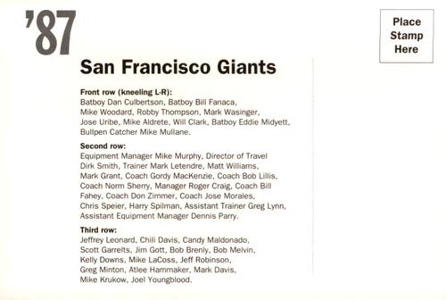 1992 AT&T San Francisco Giants Postcards #NNO 1987 Team Photo Back