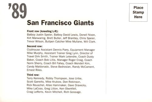 1992 AT&T San Francisco Giants Postcards #NNO 1989 Team Photo Back