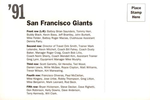 1992 AT&T San Francisco Giants Postcards #NNO 1991 Team Photo Back