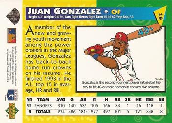 1994 Upper Deck Fun Pack #19 Juan Gonzalez Back