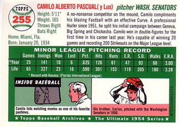 1994 Topps Archives 1954 #255 Camilo Pascual Back