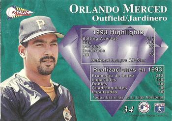 1994 Pacific - Silver Prisms Circular #34 Orlando Merced Back