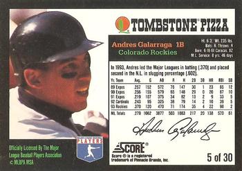 1994 Score Tombstone Pizza Super-Pro Series #5 Andres Galarraga Back
