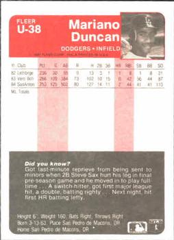 1985 Fleer Update #U-38 Mariano Duncan Back