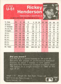 1985 Fleer Update #U-51 Rickey Henderson Back