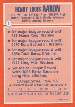 1985 Topps Woolworth All Time Record Holders #1 Hank Aaron Back