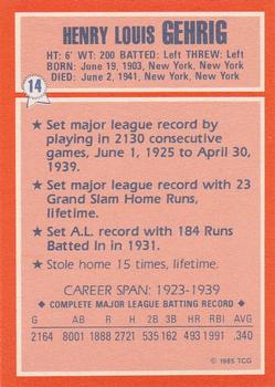 1985 Topps Woolworth All Time Record Holders #14 Lou Gehrig Back