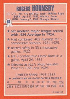1985 Topps Woolworth All Time Record Holders #18 Rogers Hornsby Back