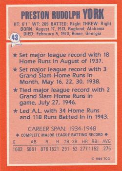 1985 Topps Woolworth All Time Record Holders #43 Rudy York Back