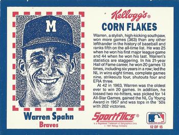 1991 Kellogg's Corn Flakes Baseball Greats #12 Warren Spahn Back