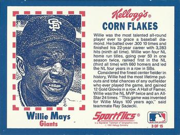1991 Kellogg's Corn Flakes Baseball Greats #3 Willie Mays Back
