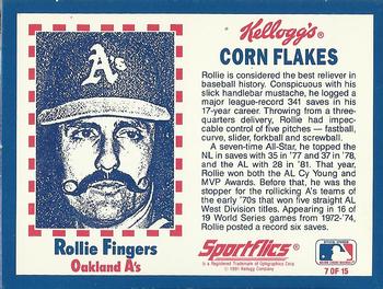 1991 Kellogg's Corn Flakes Baseball Greats #7 Rollie Fingers Back