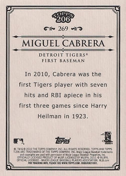 2010 Topps 206 #269 Miguel Cabrera Back