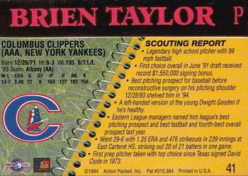 1994 Action Packed Minors #41 Brien Taylor Back