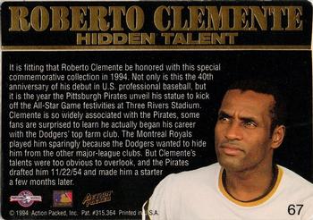 1994 Action Packed Minors #67 Roberto Clemente Back