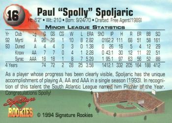 1994 Signature Rookies #16 Paul Spoljaric Back