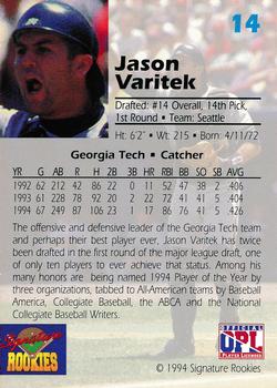 1994 Signature Rookies Draft Picks #14 Jason Varitek Back