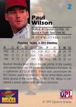1994 Signature Rookies Draft Picks #2 Paul Wilson Back