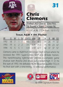 1994 Signature Rookies Draft Picks #31 Chris Clemons Back